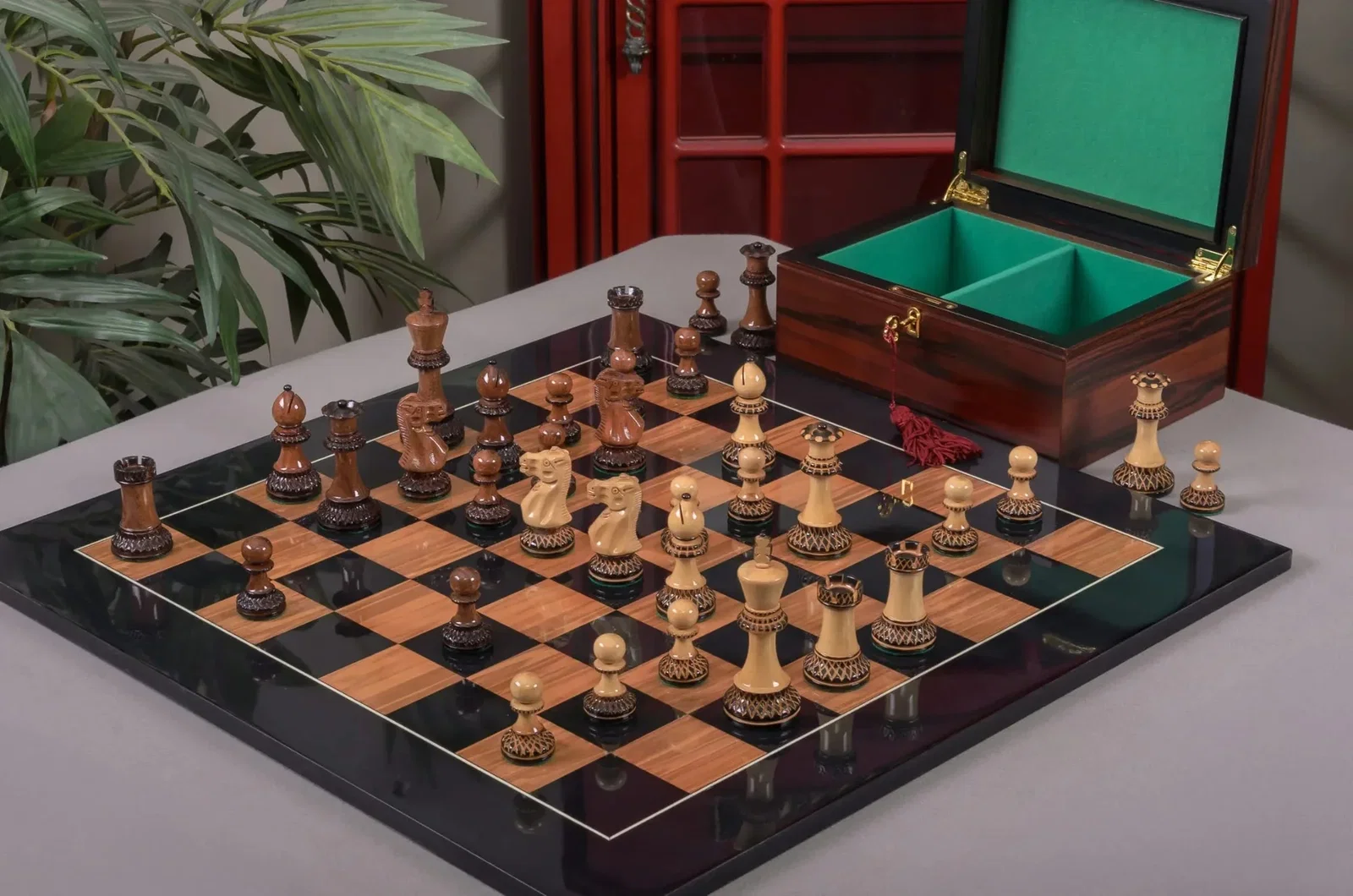 Image of The Burnt Golden Rosewood Grandmaster Series Chess Set, Box, & Gloss Board Combination