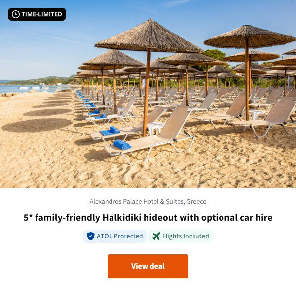 5* family-friendly Halkidiki hideout with optional car hire