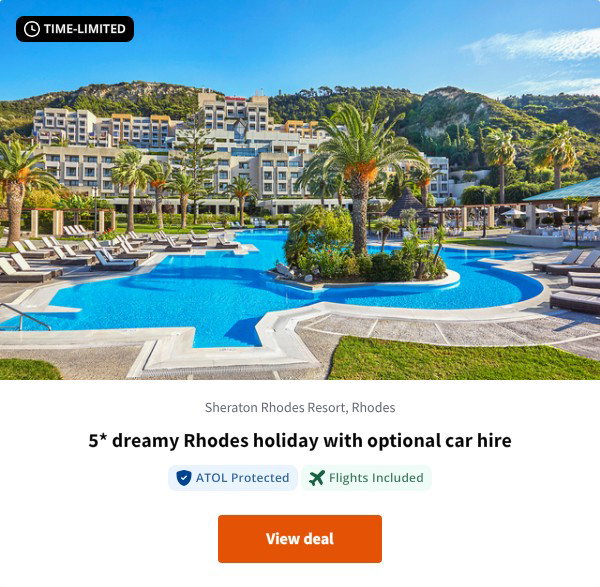 5* dreamy Rhodes holiday with optional car hire