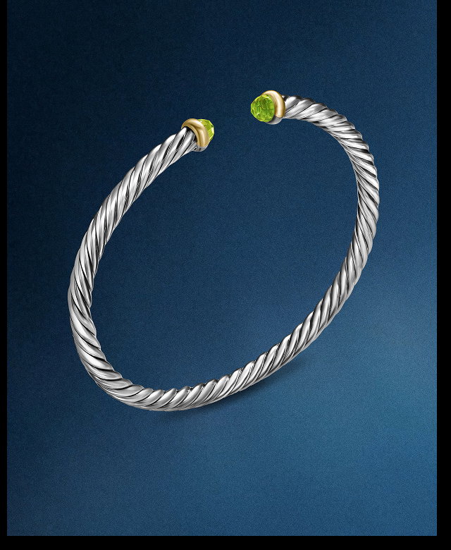 Cable Flex® BraceletSterling Silver with 14K Yellow Gold and Peridot, 4mm