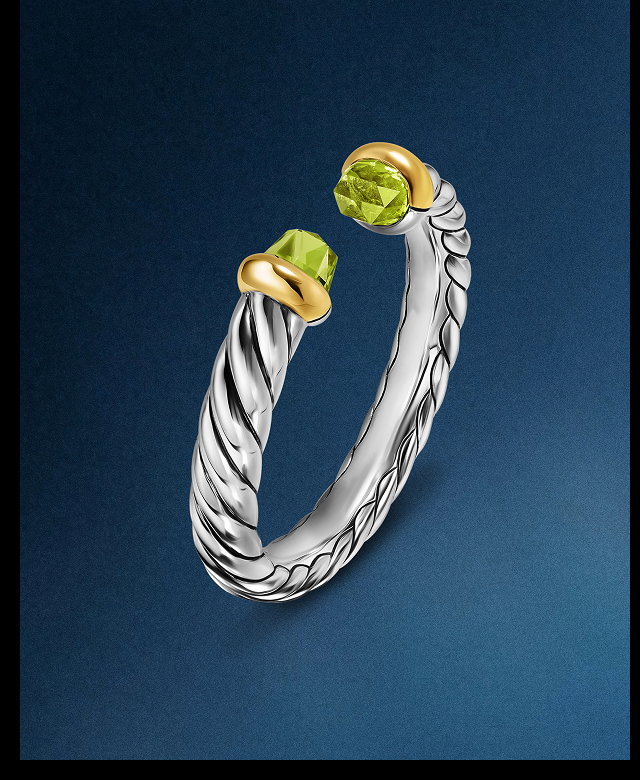 Petite Cable Open RingSterling Silver with 14K Yellow Gold and Peridot, 3.4mm