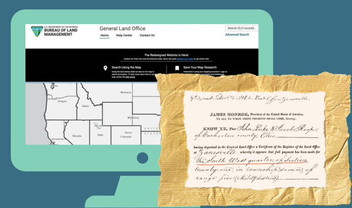 A computer displays the Bureau of Land Management website with a U.S. land patent certificate overlayed in the foreground.