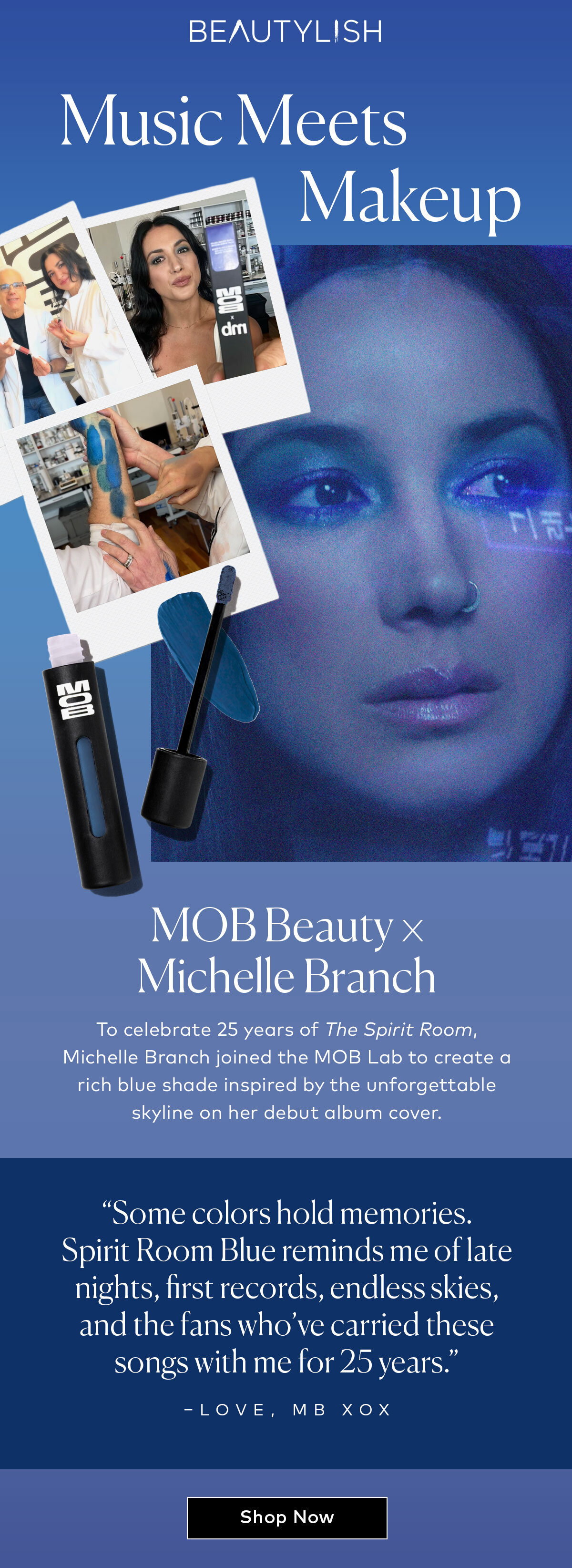 To celebrate 25 years of The Spirit Room, Michelle Branch joined the MOB Lab to create a rich blue shade inspired by the unforgettable skyline on her debut album cover. Shop the MOB Beauty x Michelle Branch collab here at Beautylish.com