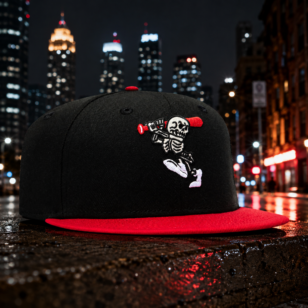 Black baseball cap with a Native American-inspired skull logo and a tan brim.
