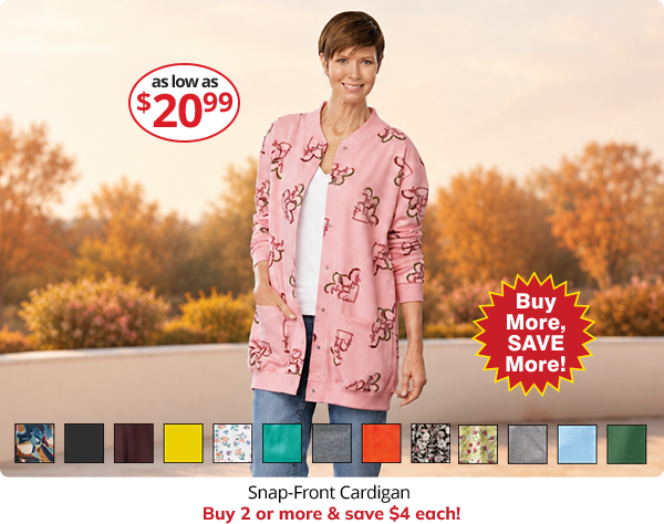 Snap-Front Cardigan. As Low as $20.99. Buy 2 or more & save $4 each.