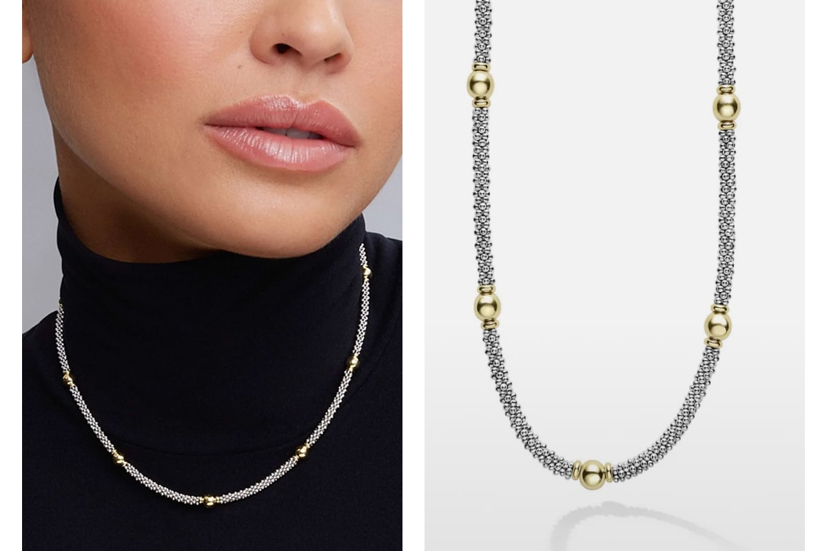 Silver necklace with gold beaded stations