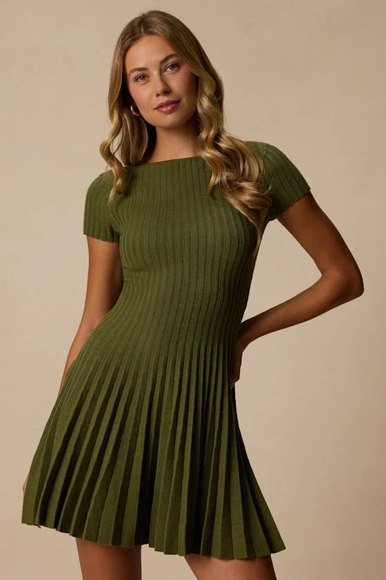 Image of Sarielle Olive Pleated Sweater Mini Dress