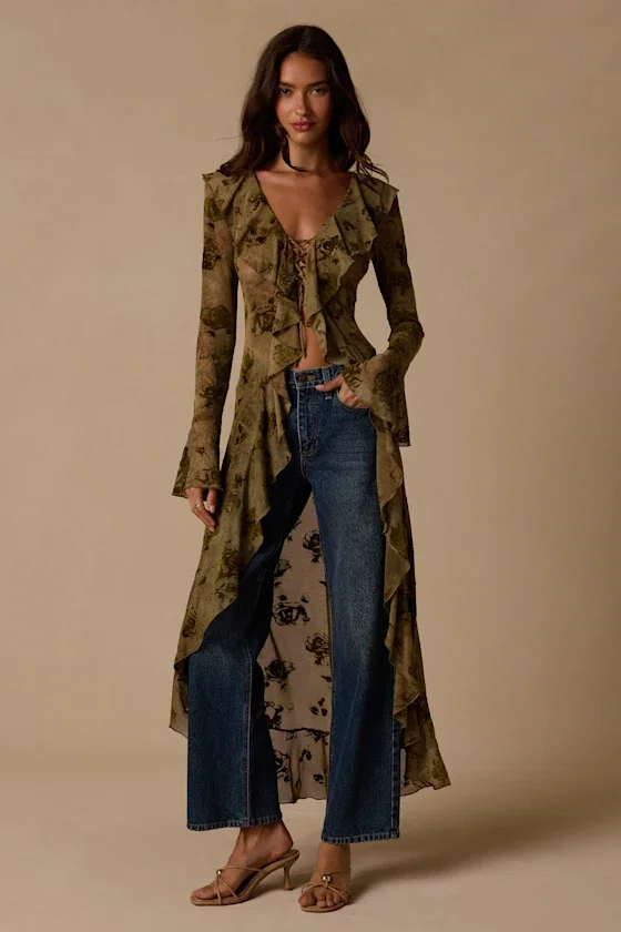 Image of Winifred Olive Sheer Mesh Jacquard Lace-Up Duster Top