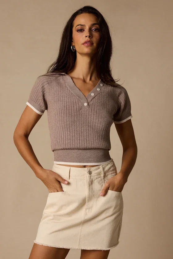 Image of Dacus Taupe Ribbed Knit Sweater Top