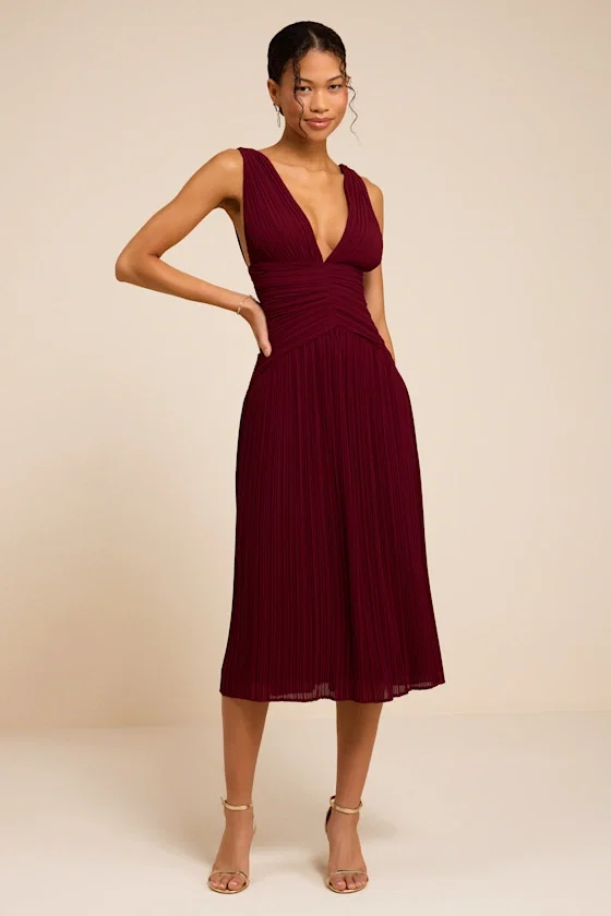 Image of Kelina Burgundy Pleated Drop Waist Midi Dress