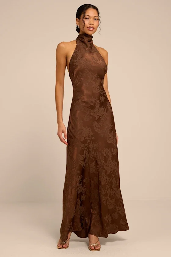 Image of Winslow Brown Satin Jacquard Mermaid Maxi Dress