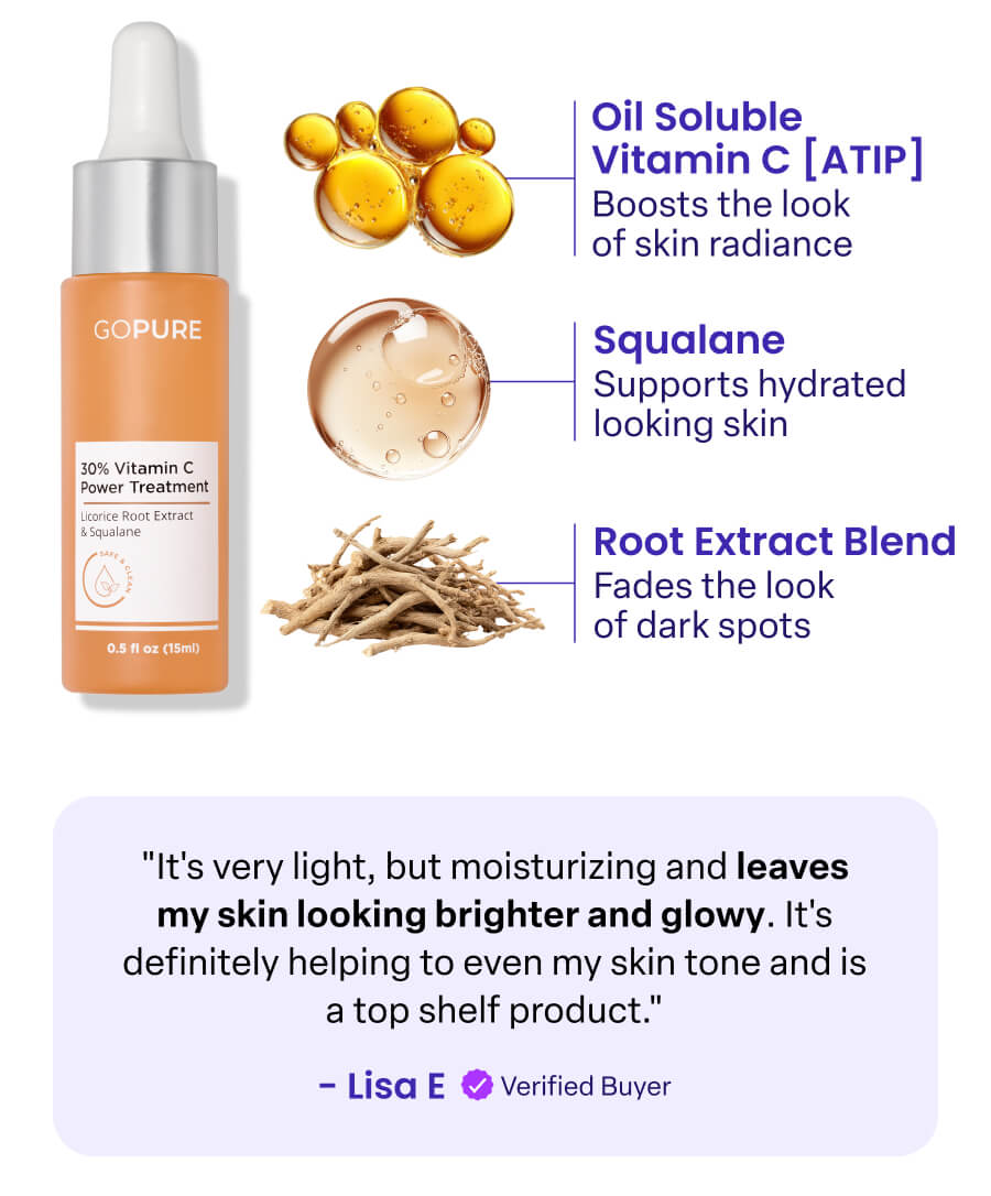 Oil Soluble Vitamin C [ATIP] Boosts the look of skin radiance Squalane Supports hydrated looking skin Root Extract Blend Fades the look of dark spots "It's very light, but moisturizing and leaves my skin looking brighter and glowy. It's definitely helping to even my skin tone and is a top shelf product." -Lisa E Verified Buyer