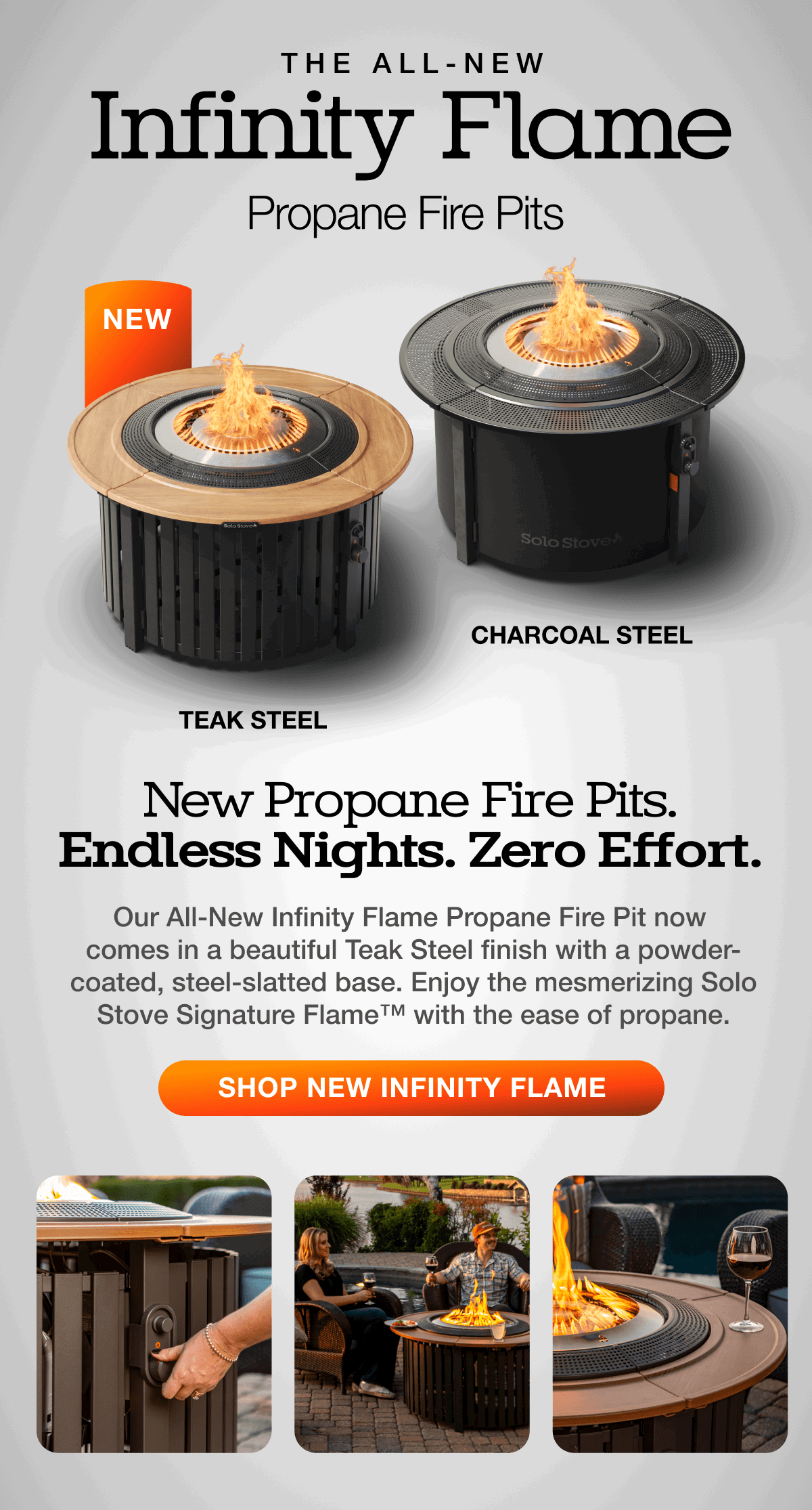 Infinity Flame Teak Steel Propane Fire Pit + Surround Surface