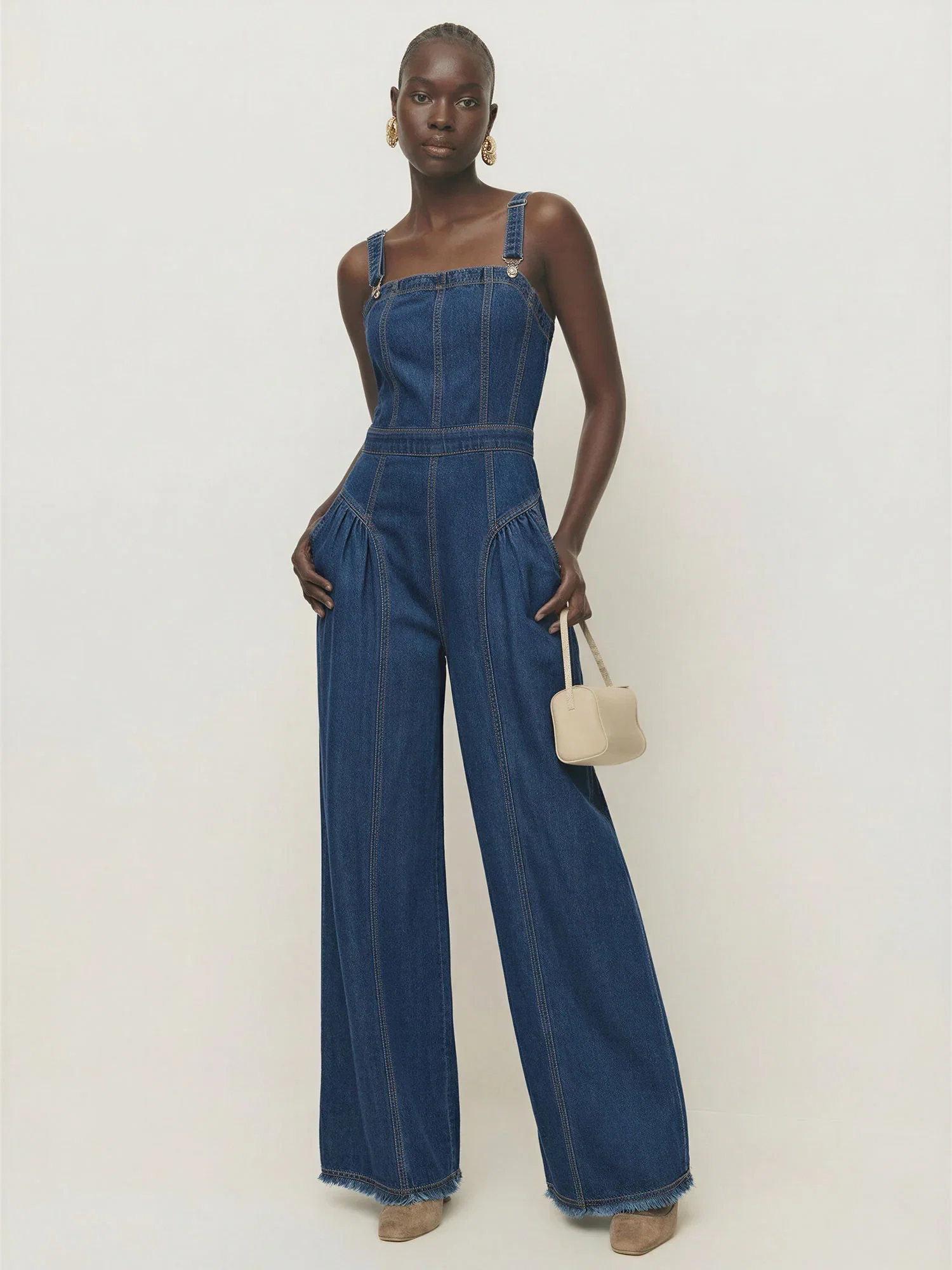 Image of Square Neck Palazzo Denim Jumpsuit