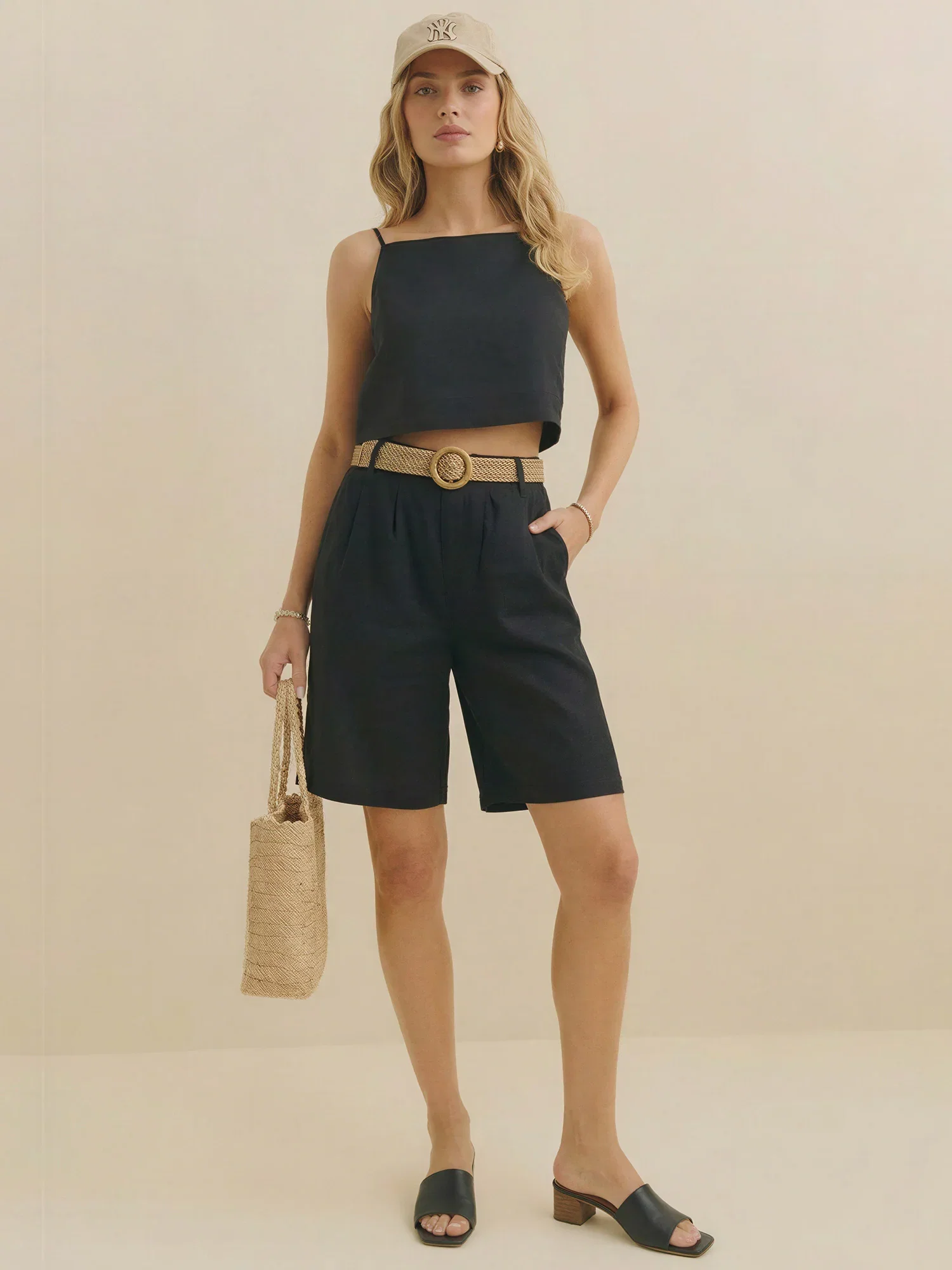 Image of Belted Pleated Linen Blend Bermuda Shorts