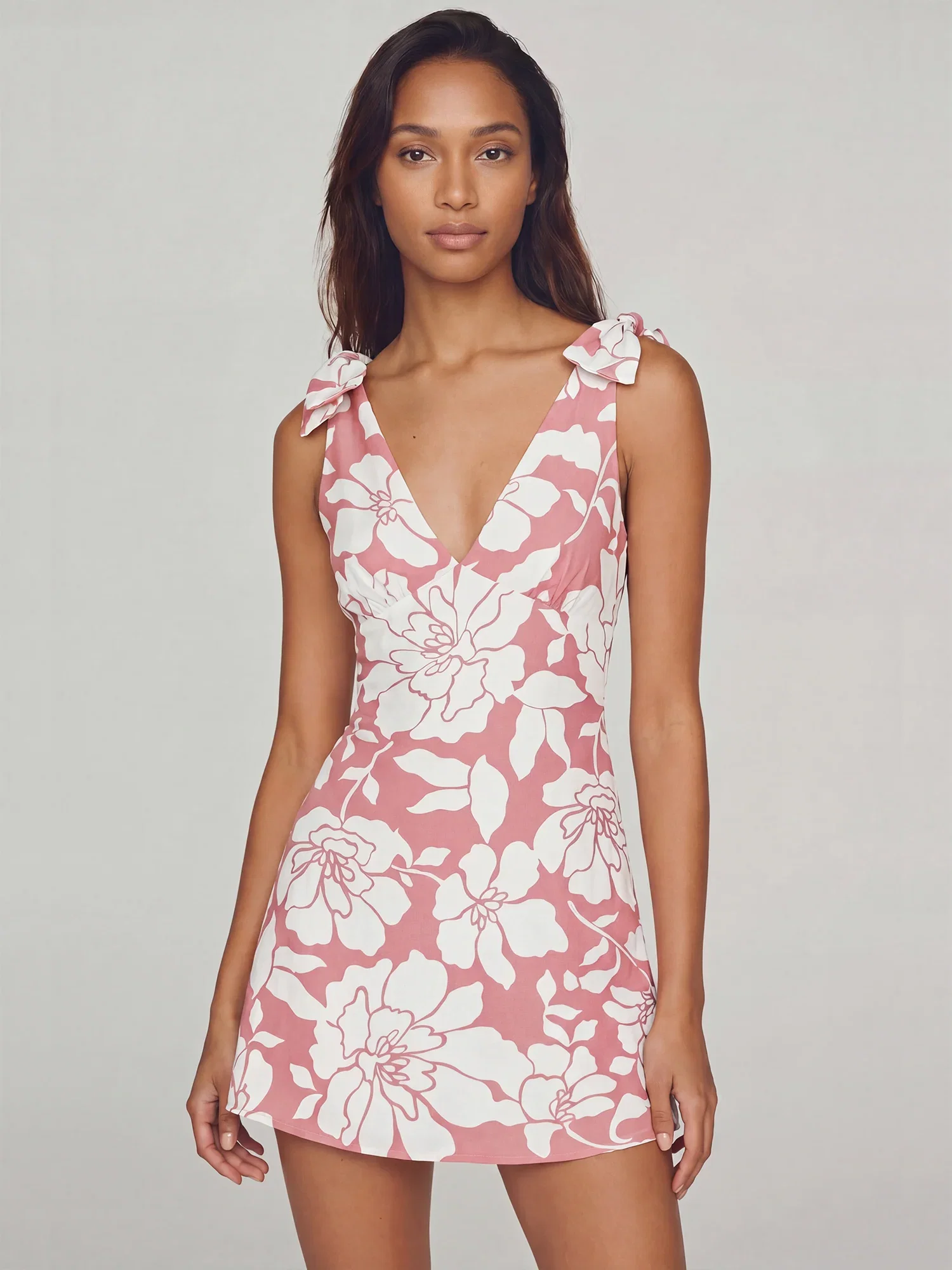 Image of Bow Shoulder Strap A-Line Floral Mini Dress