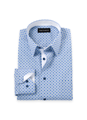 Comfort Stretch Non-Iron Geometric Dress Shirt With Contrast Trim - Blue/green-Classic Fit / 17 / 34