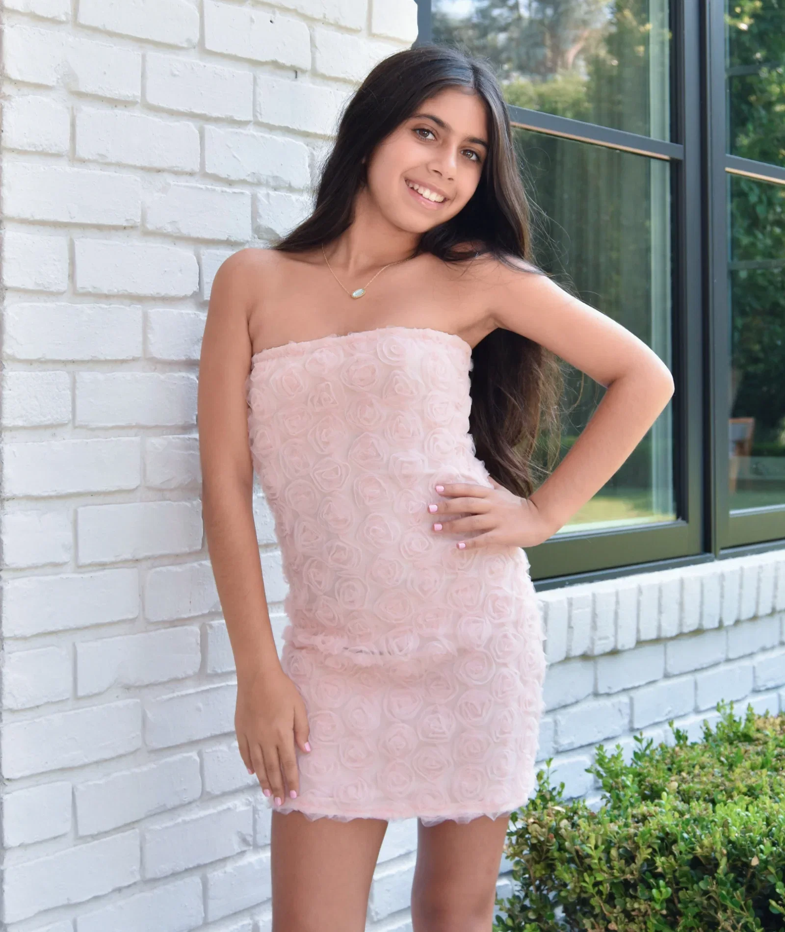 Image of Gold Rush NYC Girls Lydia Rose Textured Strapless Mini Dress