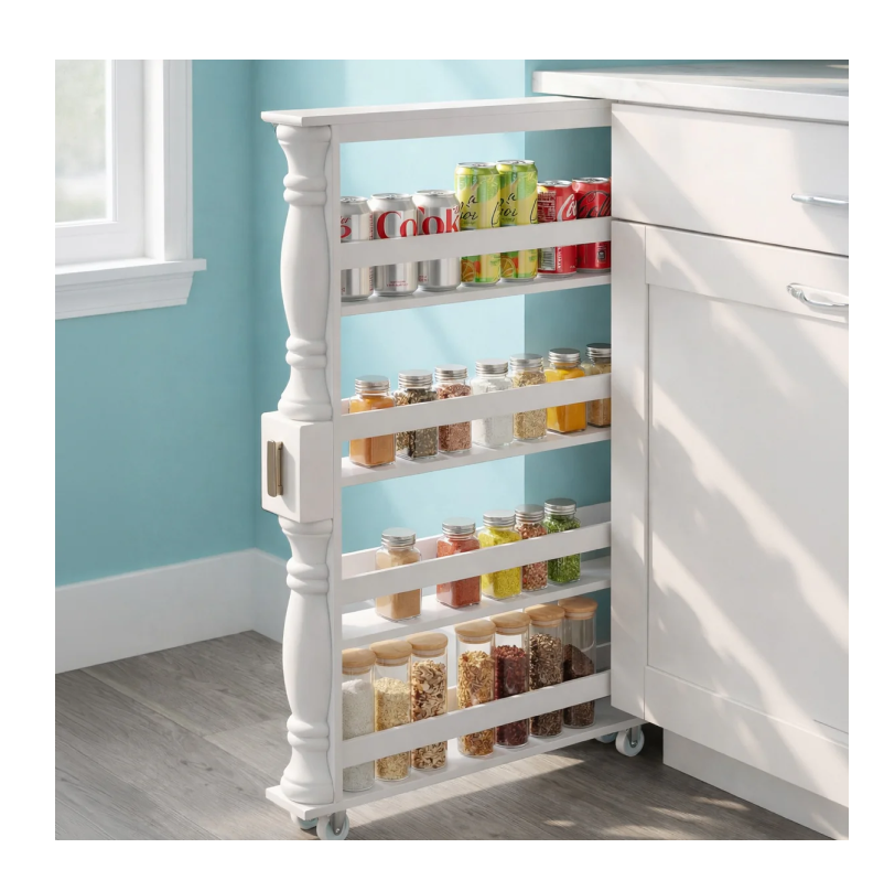 Slim Wooden Spice Rack Cabinet with Wheels - Black, Walnut or White