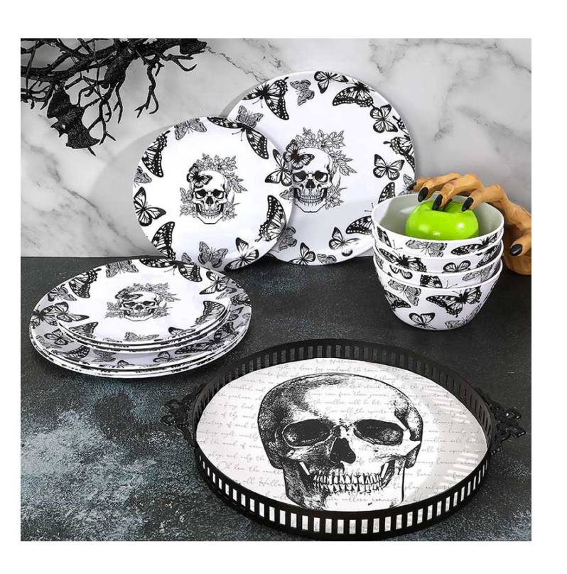 Gothic Elegance Halloween Butterfly and Skull Dinnerware Set
