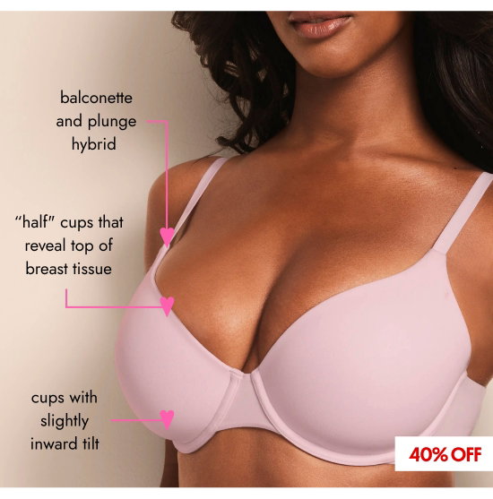 balconette and plunge hybrid. half cups that reveal top of breast tissue. cups with slightly inward tilt.