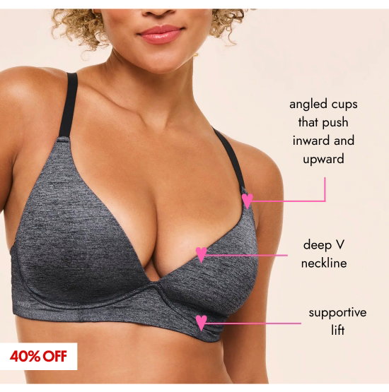 angled cups that push inward and upward. deep V neckline. supportive lift.
