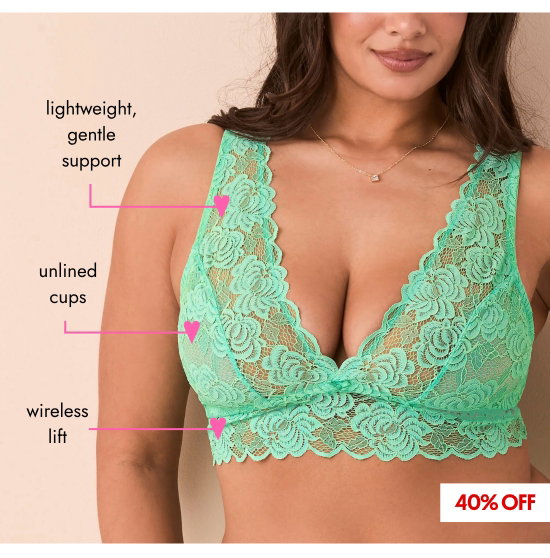 lightweight, gentle support. unlined cups. wireless lift.