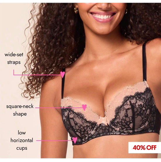 wide-set straps. square-neck shape. low horizontal cups.