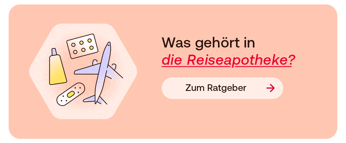 Illustration mit Medikamenten, Pflaster und Flugzeug als Symbol für die Reiseapotheke.