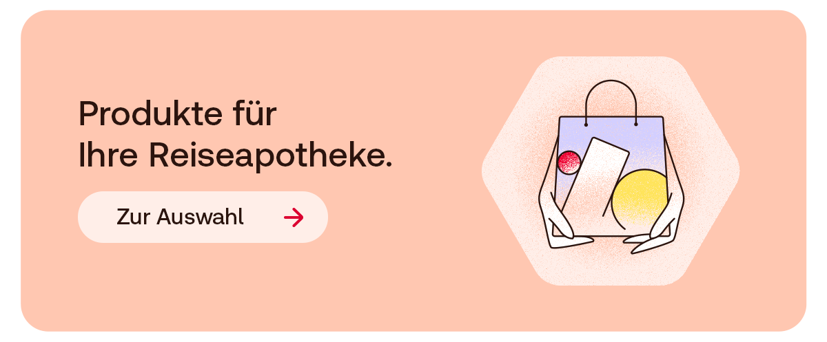 Illustration einer Einkaufstasche mit Produkten für die Reiseapotheke.