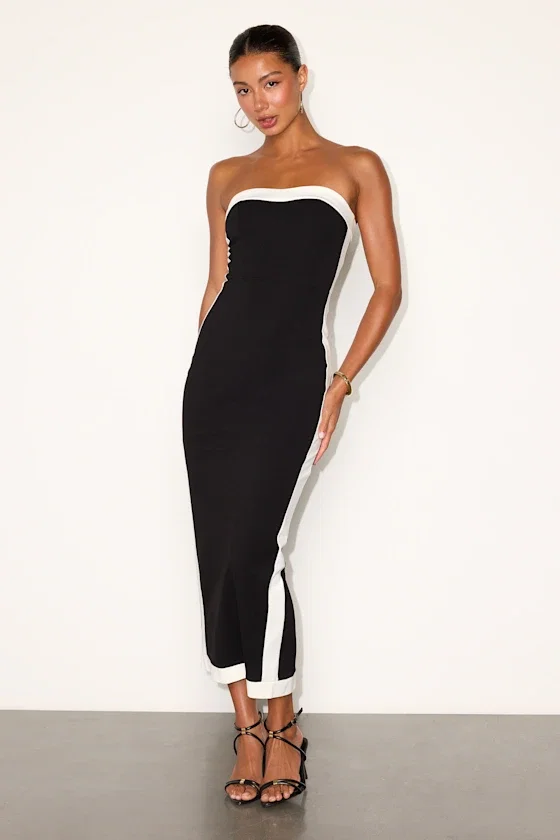 Image of Impressive Edge Black Color Block Strapless Midi Dress