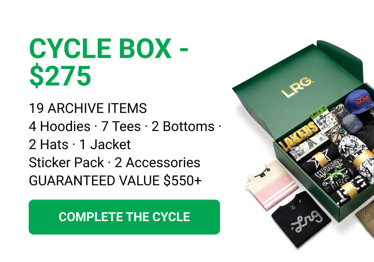 CYCLE BOX - $275 | 19 ARCHIVE ITEMS 4 Hoodies · 7 Tees · 2 Bottoms · 2 Hats · 1 Jacket Sticker Pack · 2 Accessories GUARANTEED VALUE $550+ | COMPLETE THE CYCLE