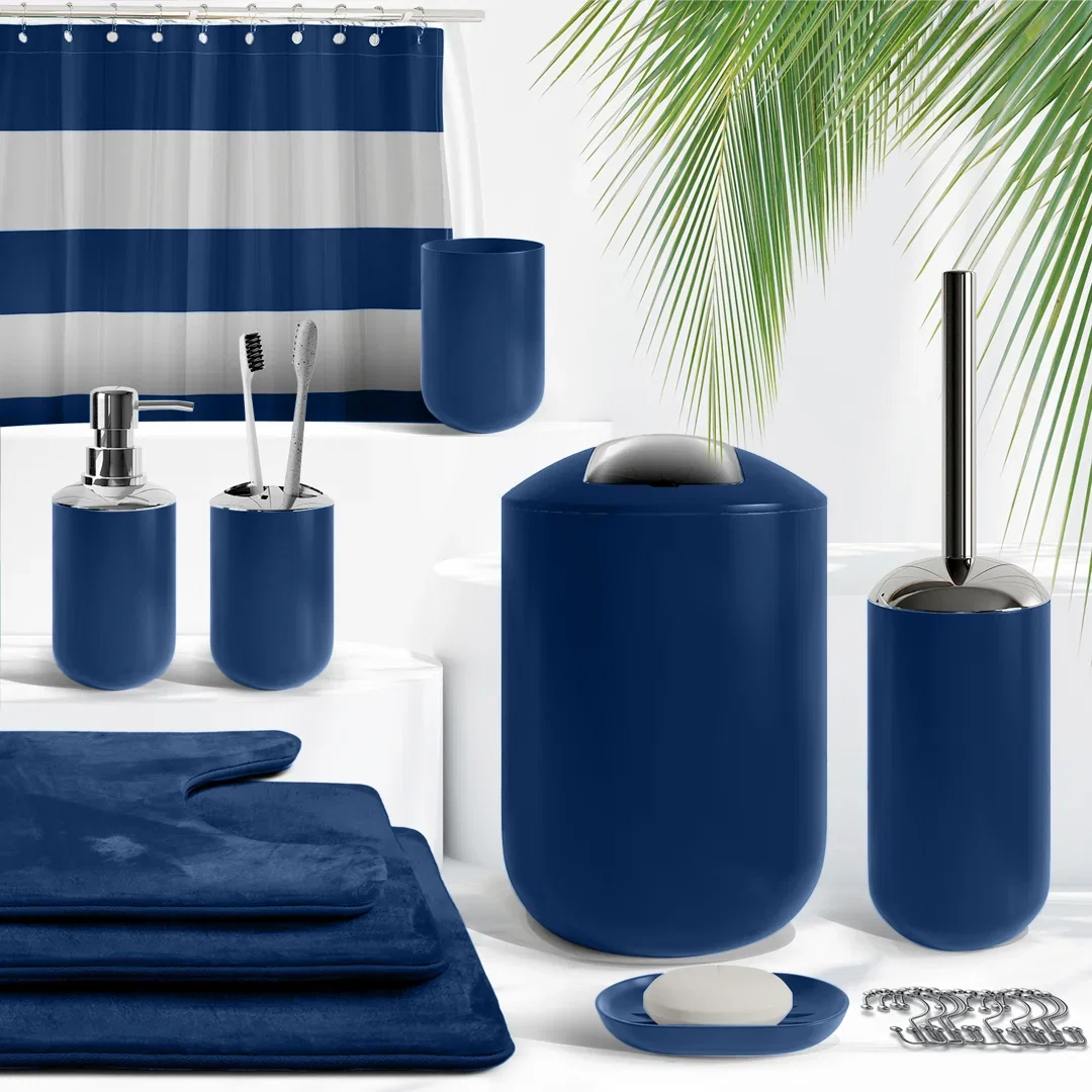 Complete 23 Piece Bathroom Accessory Set with Bath Rugs, Shower Curtain Set, Liner, and Hooks