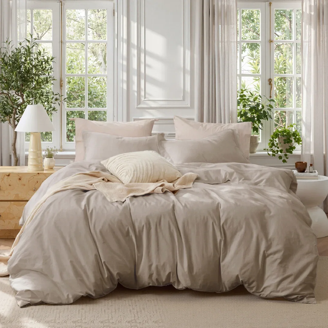 Bedsure 100% Washed Cotton Duvet Cover Set - Minimalist Cotton Beding Set For All Season（Set of 3）