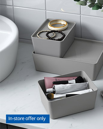 Storage boxes with In-store only offer text overlayed 