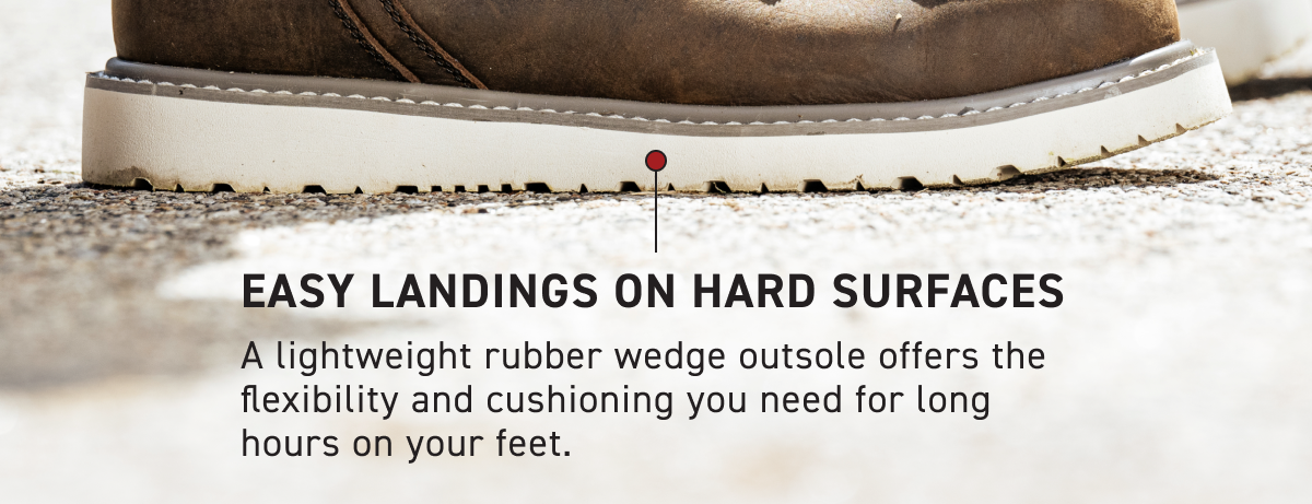 Wolverine - EASY LANDINGS ON HARD SURFACES - A lightweight rubber wedge outsole offers the flexibility and cushioning you need for long hours on your feet.