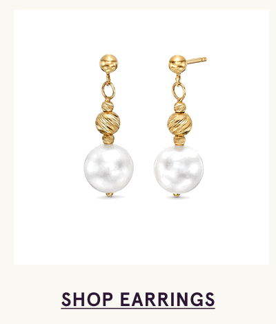 Gold drop earrings with textured beads & white pearls. Click here to shop earrings