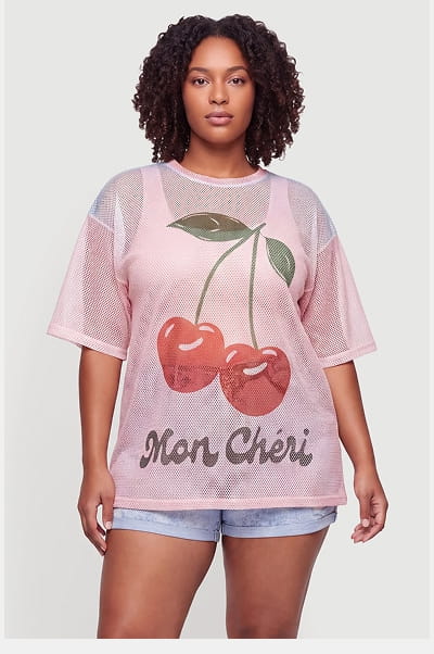 Shop Plus Size Mon Cheri Cherry Graphic Mesh Oversized Top