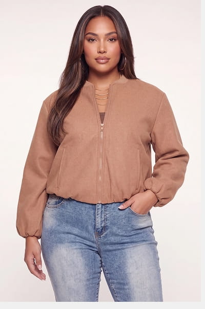 Shop Plus Size Wool Zip Front Bomber Jacket