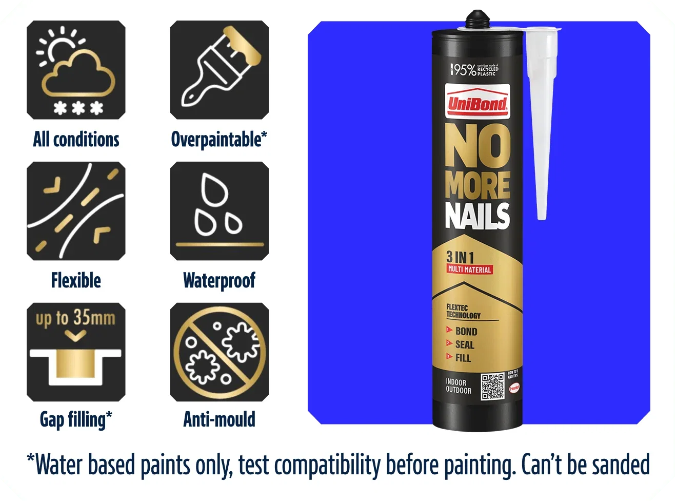 Unibond No More Nails 3-in-1. Perfect for all conditions, flexible, overpaintable, waterproof, gap filling up to 35mm and anti-mould. 