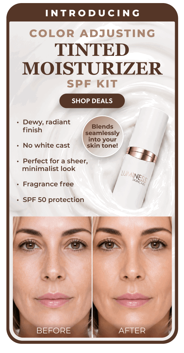 INTRODUCING COLOR ADJUSTING TINTED MOISTURIZER SPF KIT: Dewy, radiant finish. No white cast. Perfect for sheer, minimalist look. Fragrance free. SPF 50 protection.
