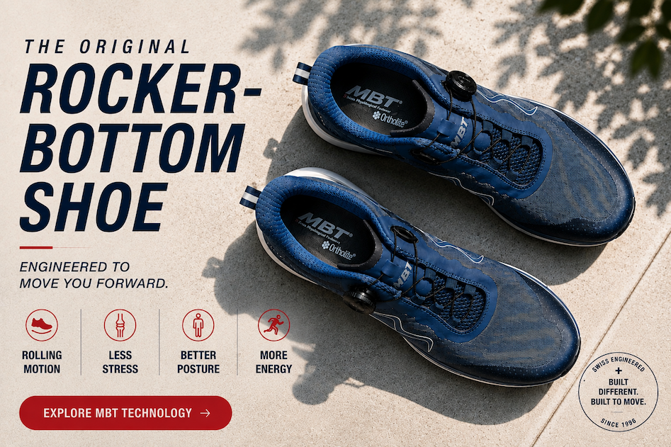 Colorado X outdoor walking shoe on a Colorado trail, highlighting MBT Pivot Axis rocker technology and rugged outsole traction.