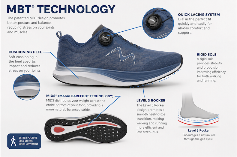 Colorado X outdoor walking shoe on a Colorado trail, highlighting MBT Pivot Axis rocker technology and rugged outsole traction.