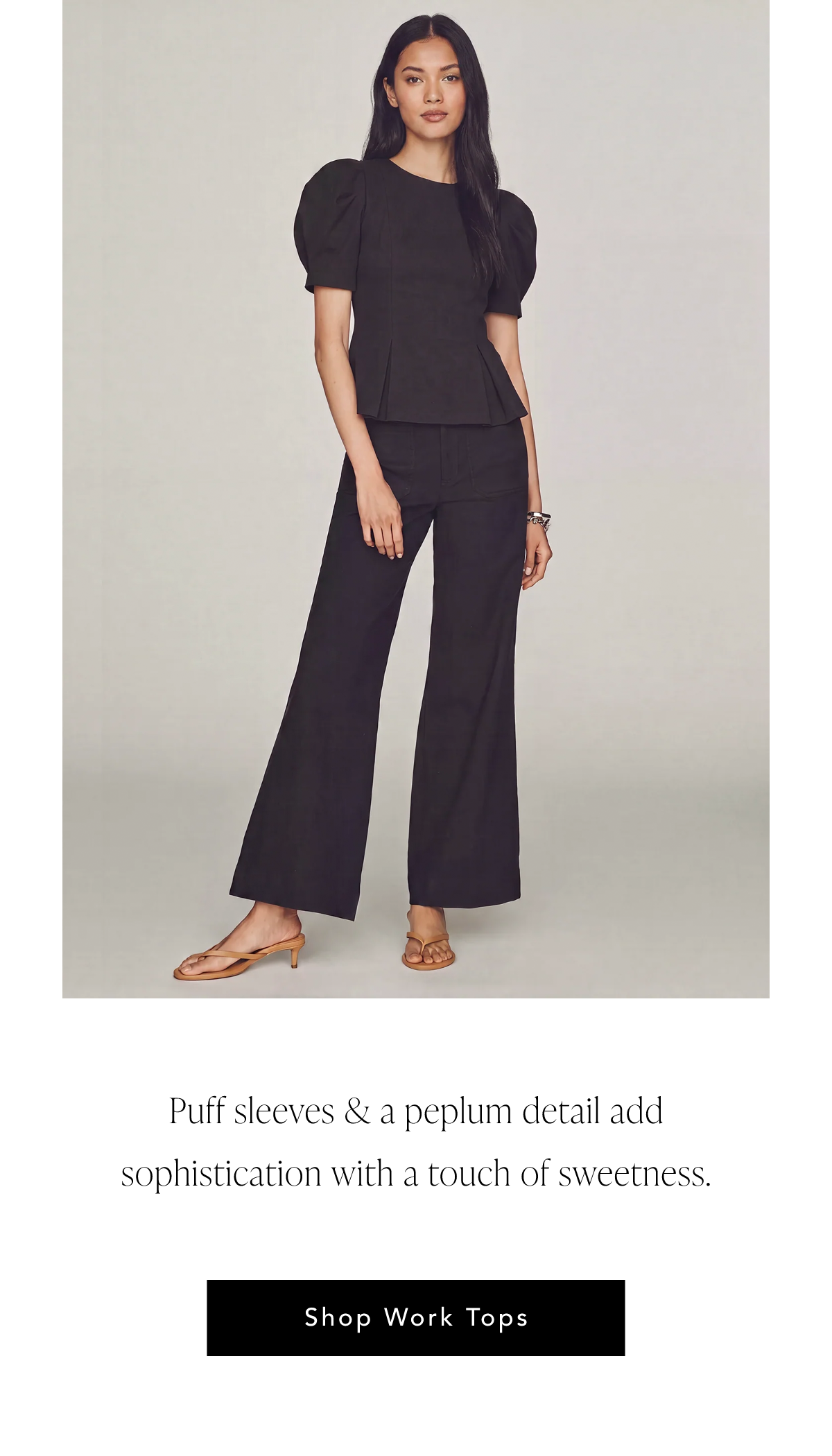 Puff sleeves and a peplum detail add sophistication with a touch of sweetness. Shop Work Tops.