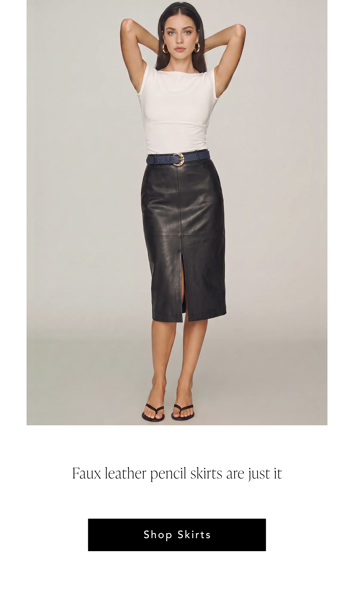 Faux leather pencil skirts are just it. Shop Skirts.