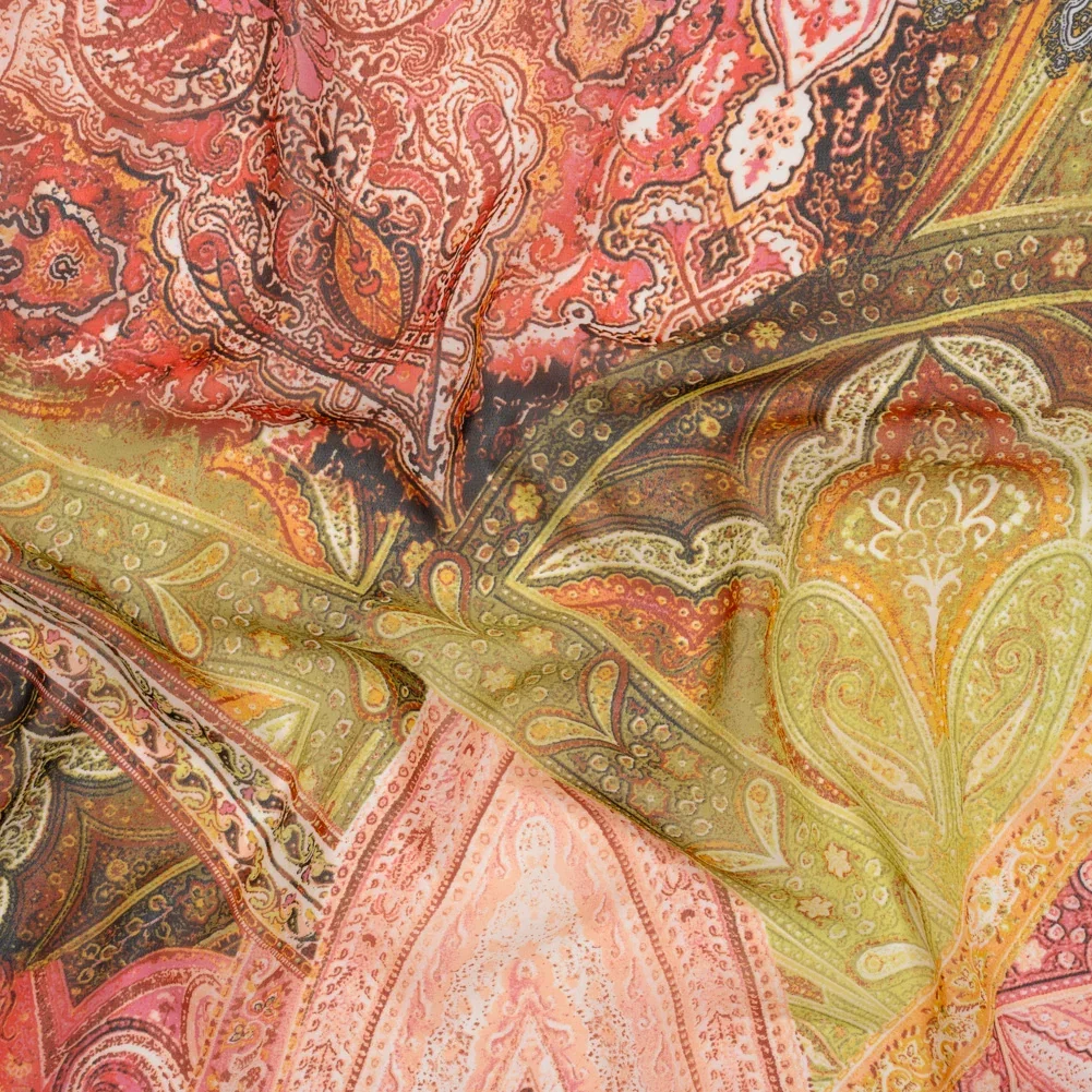 Image of Polyester Chiffon - Yellow and Coral Rose Ornate Paisley Patchwork - Designer Deadstock