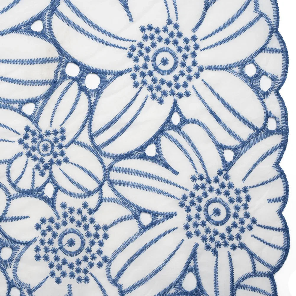Image of Embroidered Eyelet Cotton Voile with Scalloped Edges - Country Blue and White Florals - Designer Deadstock