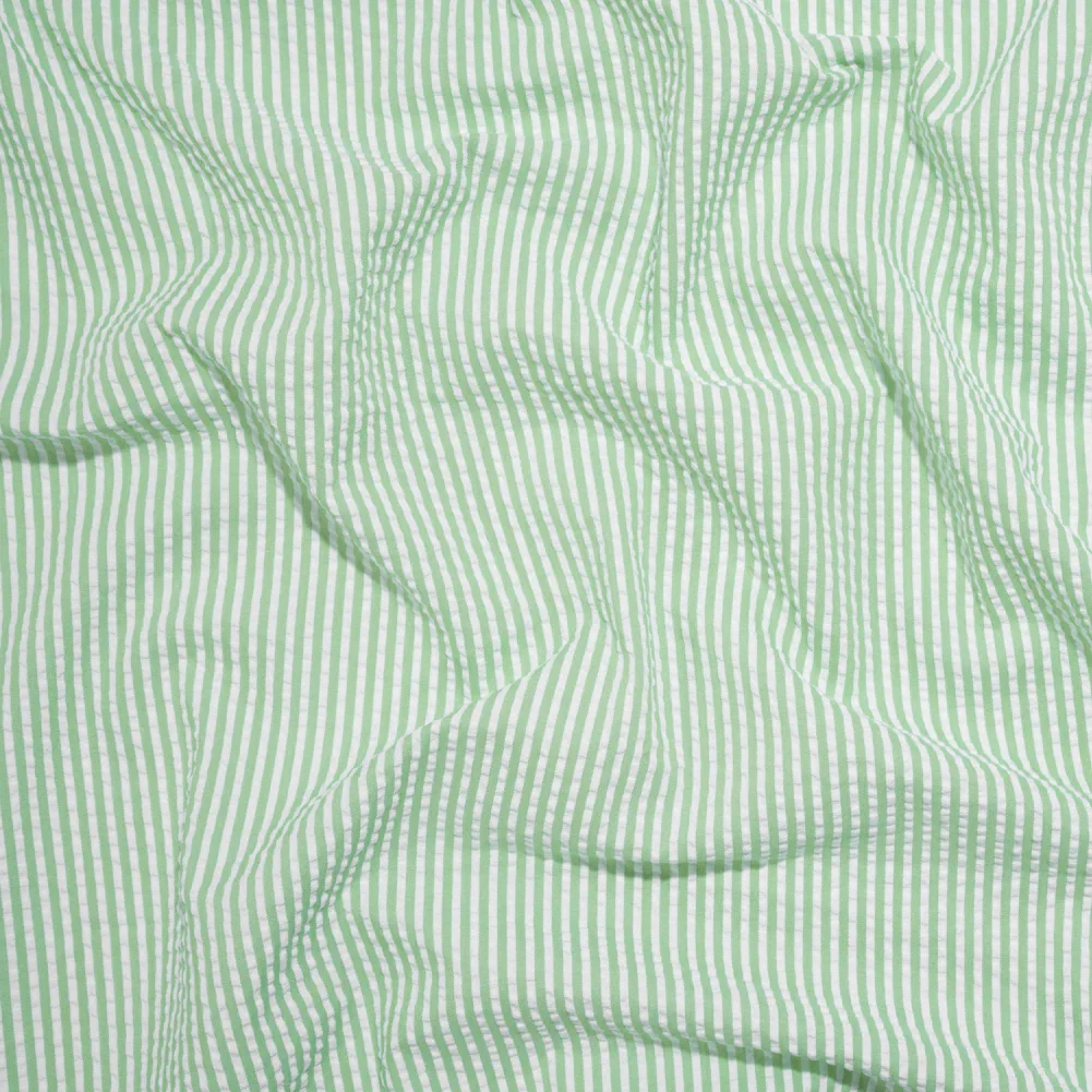 Image of Polyester and Cotton Seersucker - Green and White Candy Stripes - Wylie Collection
