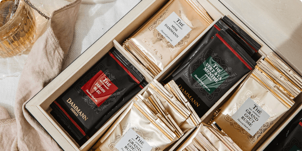 Assorted Dammann tea sachets arranged in a gift box