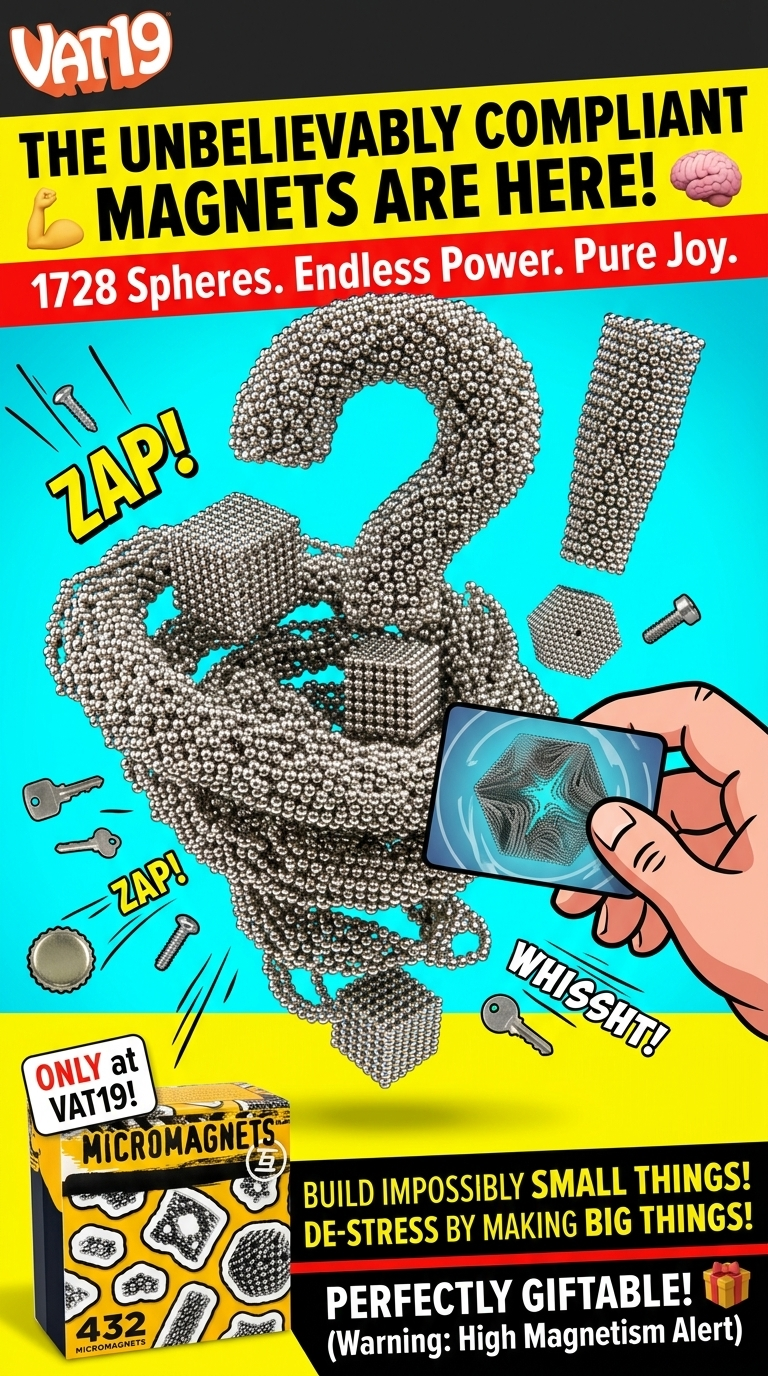 VAT19: The unbelievably compliant magnets are here! 1728 Spheres. Endless Power. Pure Joy. Image shows magnetic spheres forming a question mark and exclamation point, a hand holding a magnetic card sweeping up keys and screws, and a box of Micromagnets. Build impossibly small things! De-stress by making big things! Perfectly giftable!
